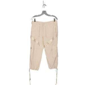 It’s-Per-Fit Cropped Cargo Pants Size S Beige Satin Trim Ankle Tie Pockets VTG